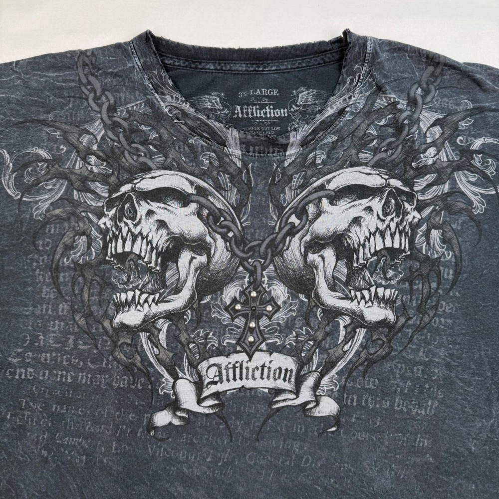 Affliction Mens 3XL Skulls Cross Graphic Vintage T-Shirt Grey Distressed USA